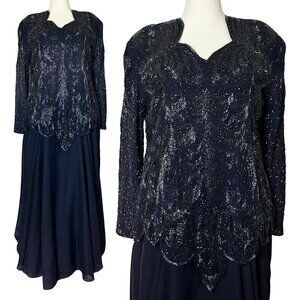 Vintage 80s 90s Navy Blue Beaded Formal Dress Long Sleeves. XL/XXL. Modest